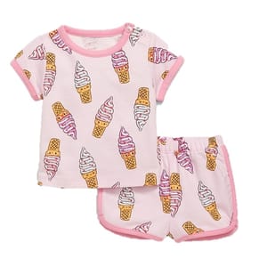 A pink children's short-sleeve pajama set featuring an ice cream cone pattern, including a top with a button at the shoulder and matching elastic-waist shorts.