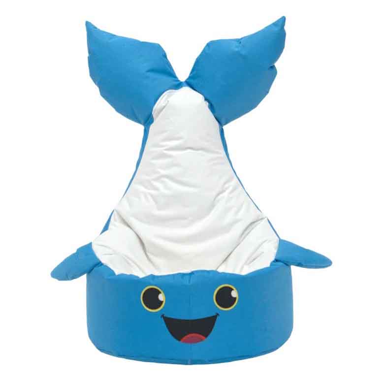 Blue whale-shaped bean bag chair with a smiling face and fins.