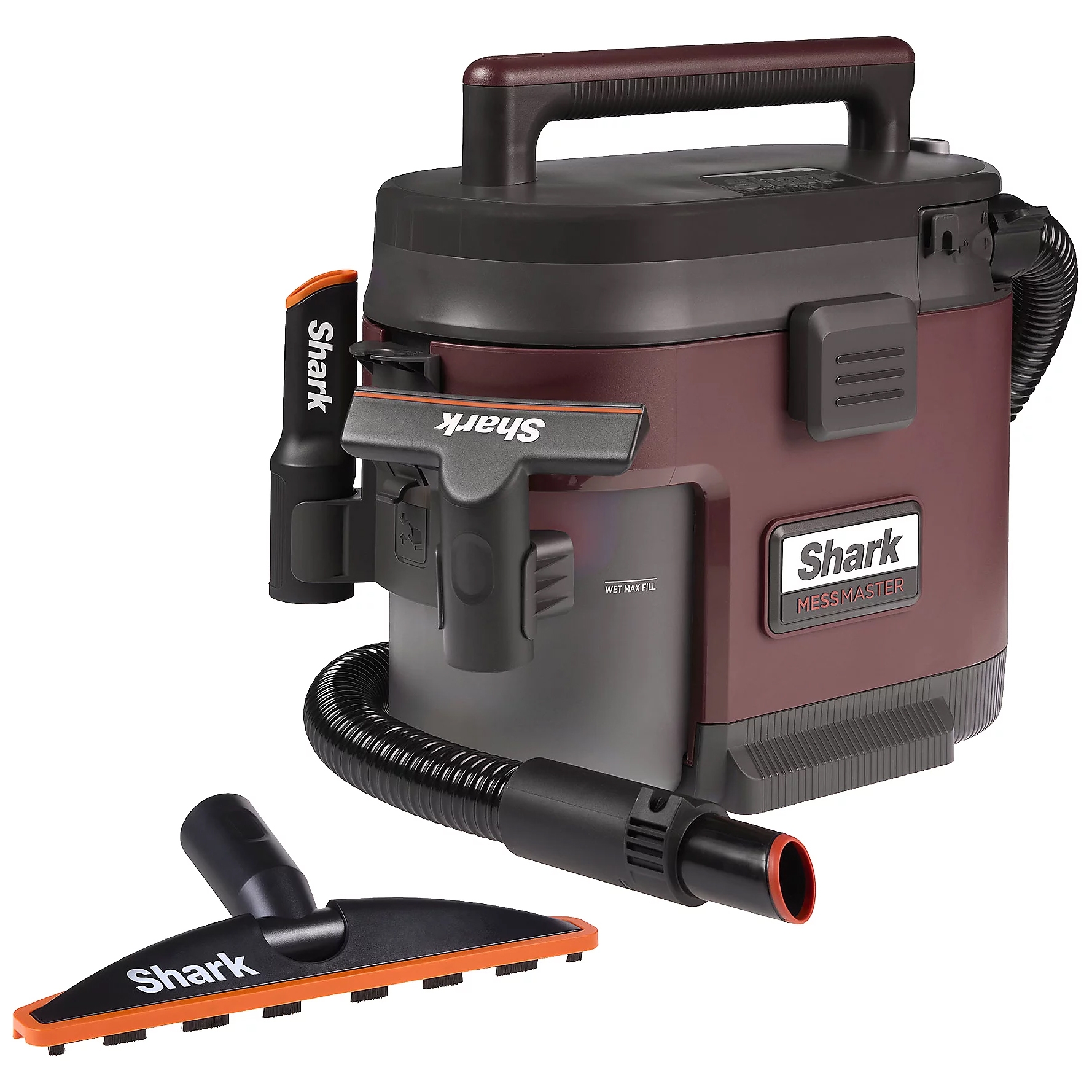Shark MessMaster wet/dry vacuum with a maroon and black color scheme, featuring a handle, attachments, and a flexible hose.