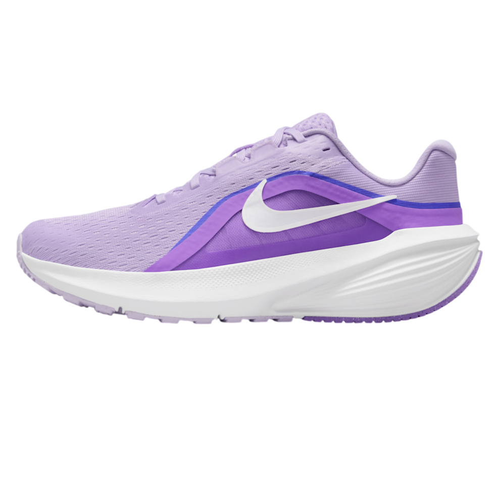 A light purple and white athletic running shoe with a sleek design featuring a prominent swoosh logo.