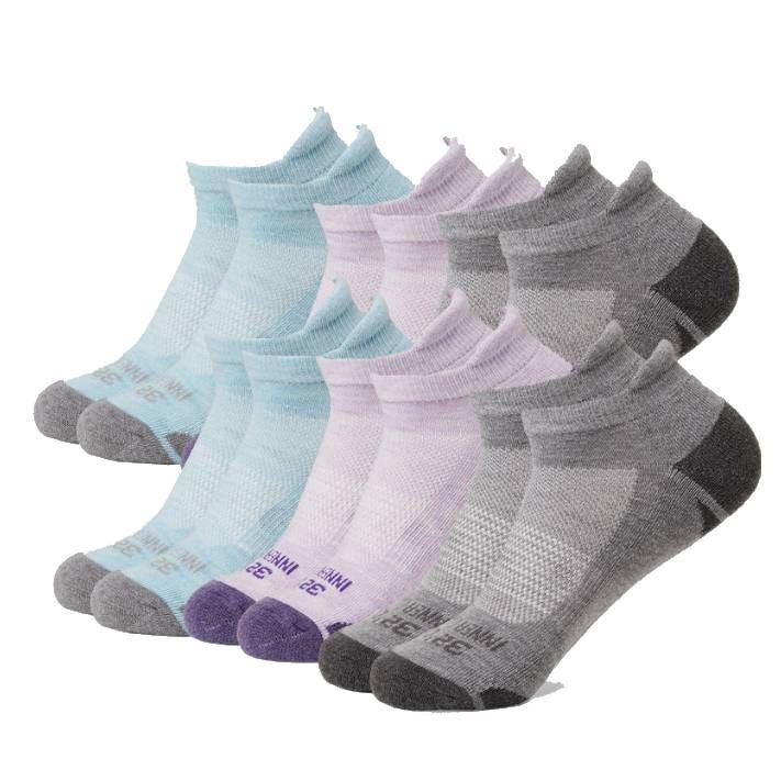 A set of nine pairs of ankle socks in three colors: light blue, lavender, and gray, each with reinforced toes and heels.