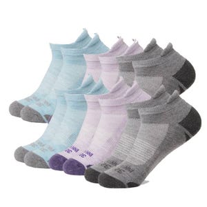 A set of nine pairs of ankle socks in three colors: light blue, lavender, and gray, each with reinforced toes and heels.