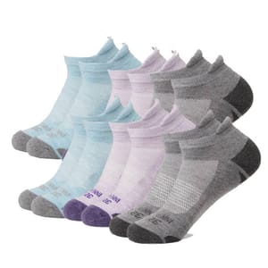 A set of nine pairs of ankle socks in three colors: light blue, lavender, and gray, each with reinforced toes and heels.