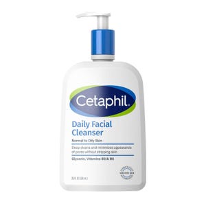 Cetaphil Daily Facial Cleanser, for normal to oily skin, deep cleans and minimizes pores without stripping skin, contains glycerin and vitamins B3 and B5, comes in a 20 fl oz (591 mL) pump bottle, and is dermatologist recommended for sensitive skin.