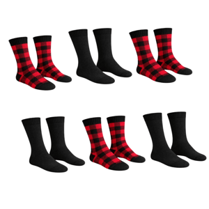 Four pairs of socks: two black, two with red and black checkered patterns.