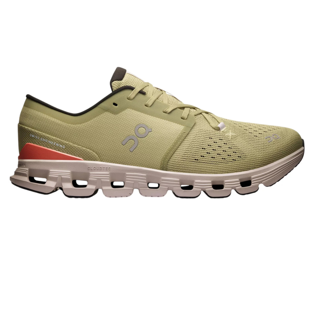 On Men's Cloud X 4 Training Shoes feature a light green mesh upper, innovative CloudTec midsole for comfort and cushioning, and a sleek design with a touch of orange at the heel. They are engineered for versatility in workouts.