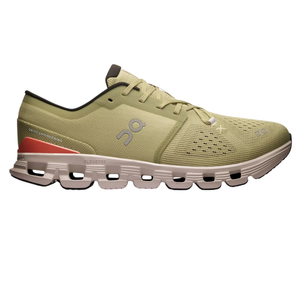 On Men's Cloud X 4 Training Shoes feature a light green mesh upper, innovative CloudTec midsole for comfort and cushioning, and a sleek design with a touch of orange at the heel. They are engineered for versatility in workouts.