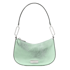 The Kate Spade Nina Metallic Shoulder Bag features a shiny mint green finish with a sleek, curved silhouette. It has a black handle attached with silver hardware and a small metal logo plate on the front.