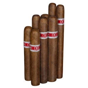 Eight cylindrical cigars with light brown wrappers and red and silver bands are displayed side by side.
