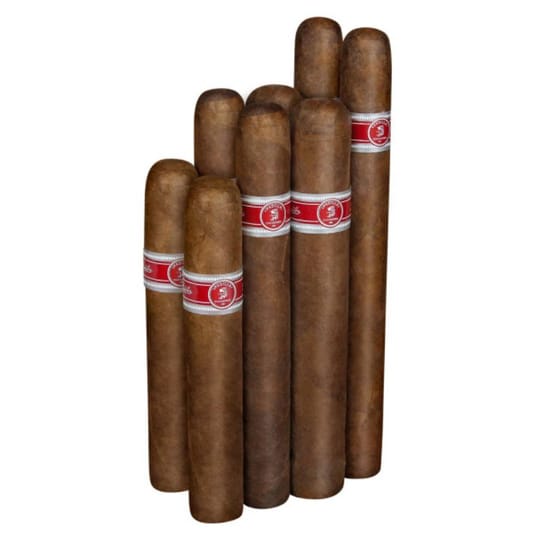 Eight cylindrical cigars with light brown wrappers and red and silver bands are displayed side by side.