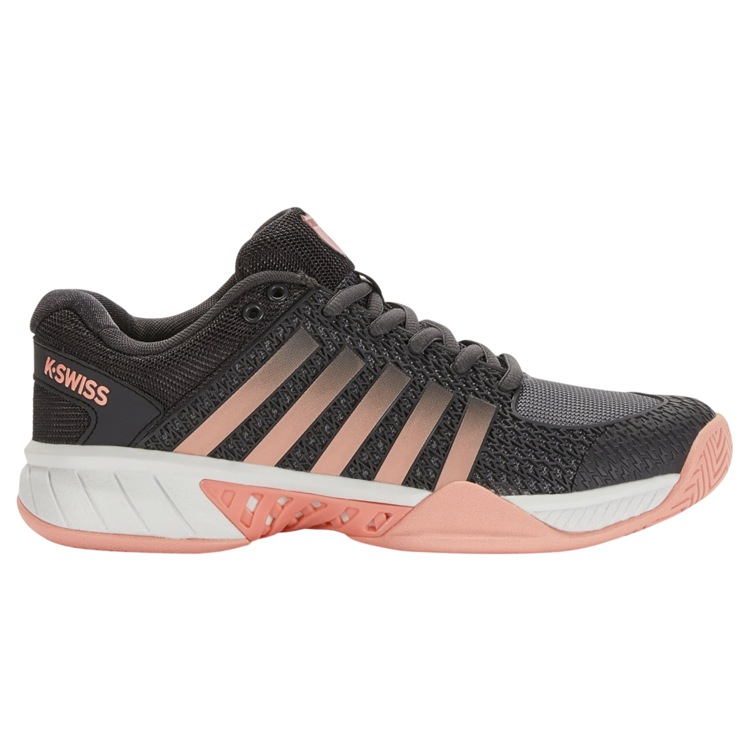 A K-Swiss sneaker featuring a black and pink design with a textured upper, branded side stripes, and a cushioned sole for comfort and support.