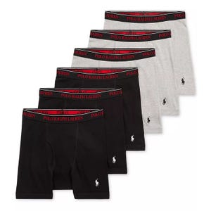 A set of six Polo Ralph Lauren boxer briefs in black and gray, featuring a red waistband with the brand name and a small logo on the lower leg.