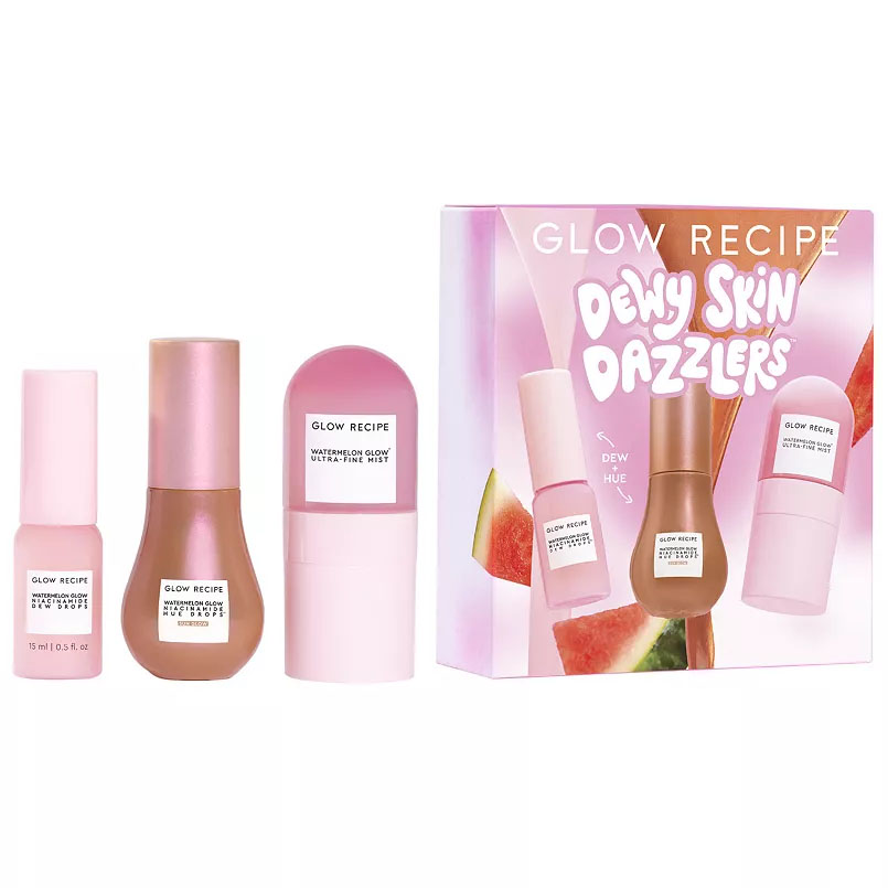Glow Recipe Dewy Skin Dazzlers Kit includes a 15 ml dewdrop facial serum, bronzing drop illuminator, and ultra-fine watermelon mist. The packaging is pink with a watermelon theme.