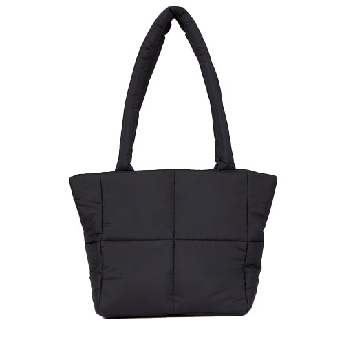 Black puffer tote bag with quilted design and thick padded handles, featuring a spacious main compartment.
