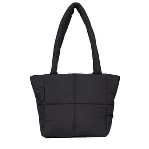Black puffer tote bag with quilted design and thick padded handles, featuring a spacious main compartment.