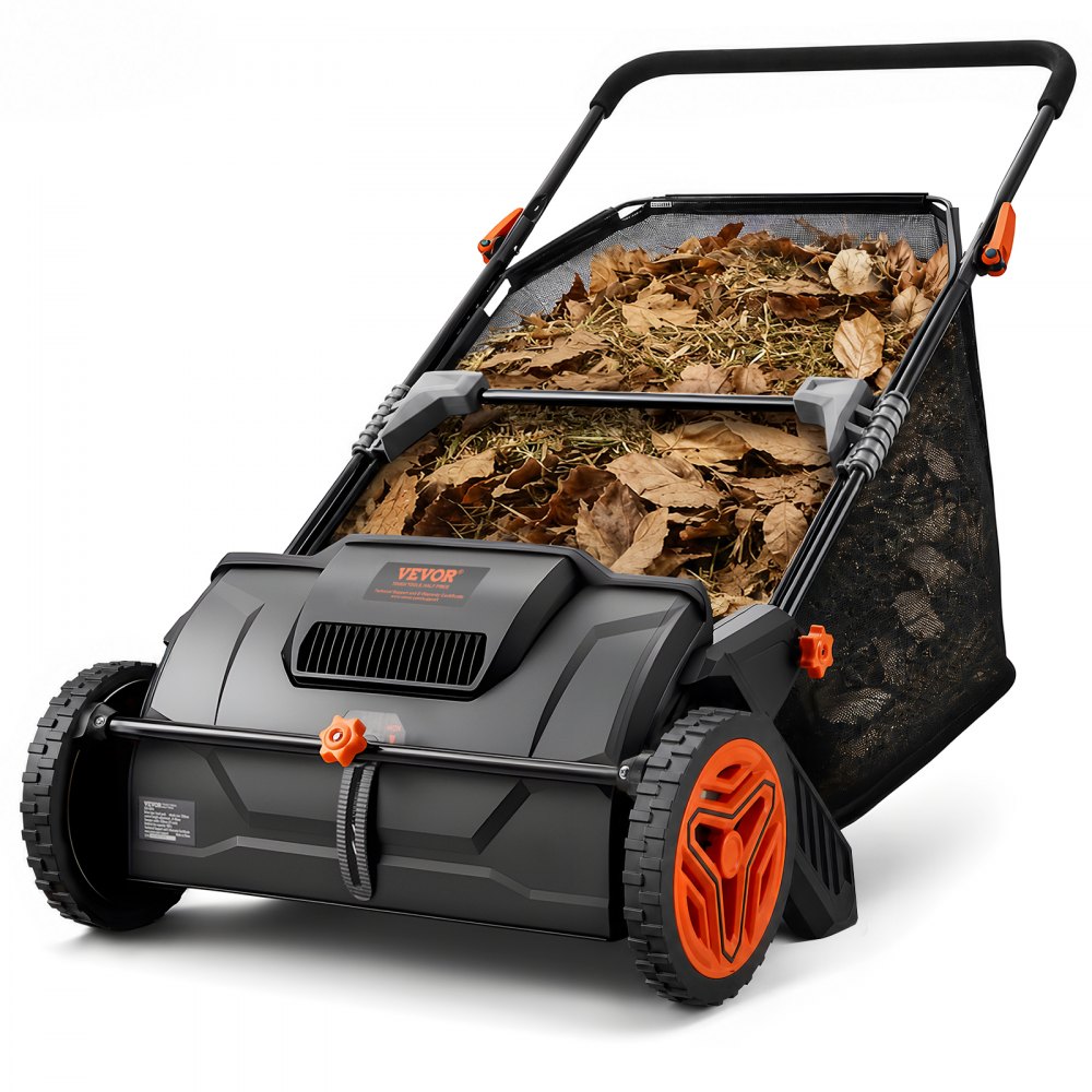 A push lawn sweeper designed for collecting leaves and grass clippings, featuring a sturdy frame, two large wheels, and a mesh collection bag filled with debris.