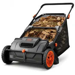 A push lawn sweeper designed for collecting leaves and grass clippings, featuring a sturdy frame, two large wheels, and a mesh collection bag filled with debris.
