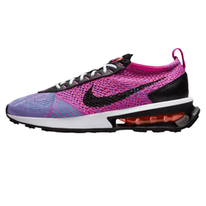 Brightly colored Nike Air Max Flyknit Racer shoes with a purple to pink gradient upper, black accents, and a visible red Air cushion in the heel.