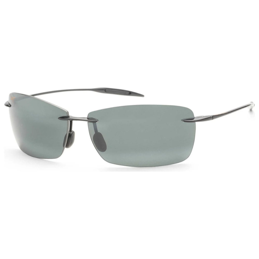 Rimless sunglasses with rectangular gray lenses and thin metallic arms.