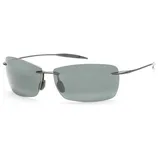 Rimless sunglasses with rectangular gray lenses and thin metallic arms.