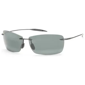 Rimless sunglasses with rectangular gray lenses and thin metallic arms.