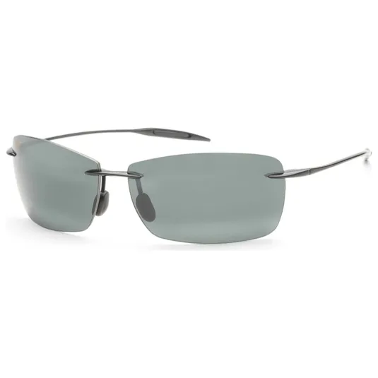 Rimless sunglasses with rectangular gray lenses and thin metallic arms.