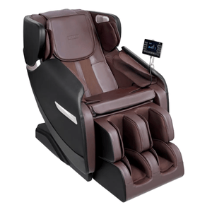 A brown and black massage chair equipped with a digital control panel, designed for full-body relaxation with areas for back, arms, and legs.