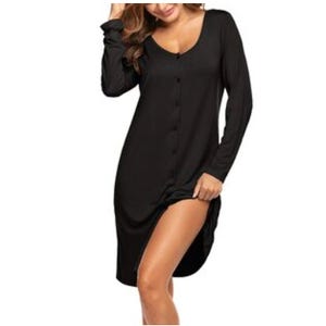 Black long-sleeve, button-up women's nightgown with a V-neck and knee-length design.