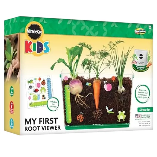 Miracle-Gro Kids My First Root Viewer, a 6-piece set, allows children to observe the growth of plants' roots, including fun stickers for decorating.