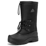 A black winter boot with a high shaft, lace-up front, and rugged rubber sole, featuring a logo and mountain design on the side.