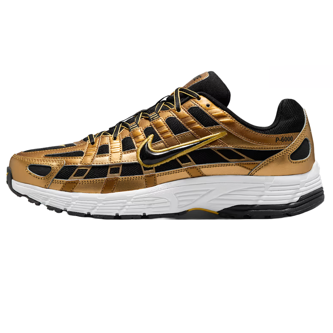 Nike Men's P-6000 Shoes feature a gold and black mesh upper with gold synthetic overlays and a black Swoosh. They have a white cushioned midsole, black and gold outsole, and a sleek, sporty design.