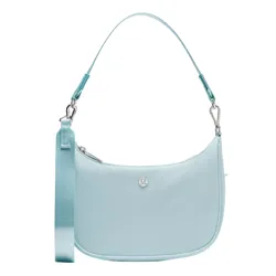 Light blue shoulder bag with a detachable strap and metal logo emblem.