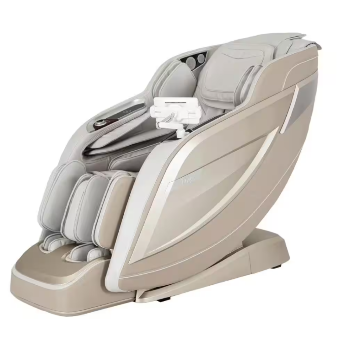 A beige and gray massage chair featuring plush cushioning, built-in speakers, and controls on the armrest, designed for relaxation and comfort.