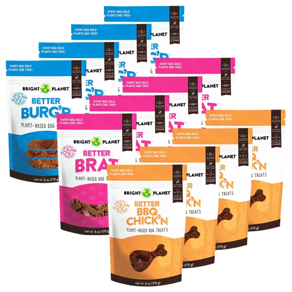Bright Planet 12-pack Plant-Based Dog Treats features three flavors: Better Burger, Better Brat, and Better BBQ Chick'n. Each bag weighs 6 oz (170 g) and is marked with \“Every Bag Sold Plants One Tree\“ highlighting its eco-friendly initiative.