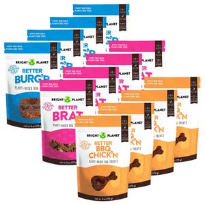 Bright Planet 12-pack Plant-Based Dog Treats features three flavors: Better Burger, Better Brat, and Better BBQ Chick'n. Each bag weighs 6 oz (170 g) and is marked with \“Every Bag Sold Plants One Tree\“ highlighting its eco-friendly initiative.