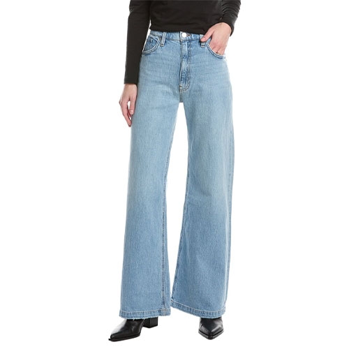 Blue high-waisted wide-leg jeans paired with a black long-sleeve top and black heeled boots.