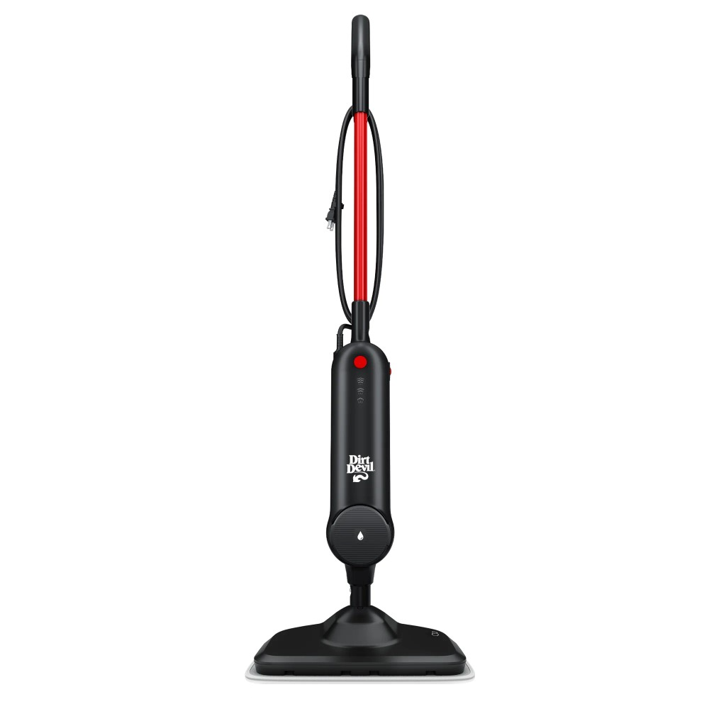 The Dirt Devil Steam Mop is a sleek, upright floor cleaning device featuring a black and red design. It uses steam to sanitize floors, with a wide, rectangular mop head for efficient cleaning.