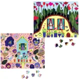 Two colorful jigsaw puzzles with whimsical illustrations of houses surrounded by flowers and nature. One puzzle is 500 pieces, featuring a garden with rabbits; the other shows birds and flowers in vibrant colors.