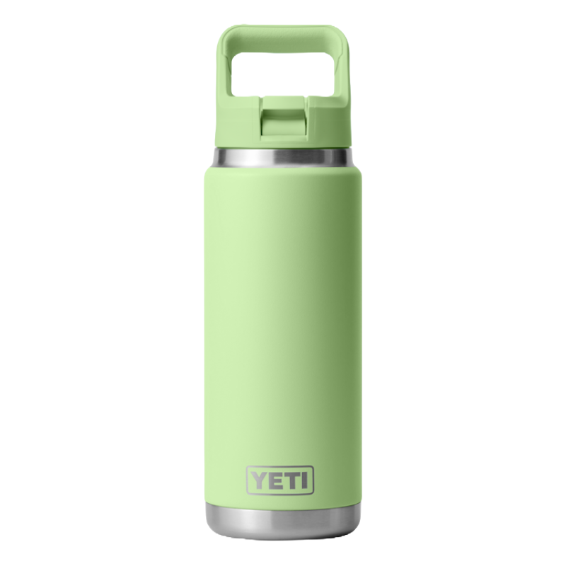 A light green, 26oz Yeti water bottle with a stainless steel base and a wide handle on the lid for easy carrying.