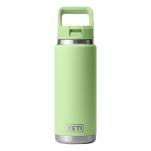 A light green, 26oz Yeti water bottle with a stainless steel base and a wide handle on the lid for easy carrying.