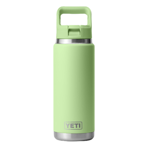A light green, 26oz Yeti water bottle with a stainless steel base and a wide handle on the lid for easy carrying.