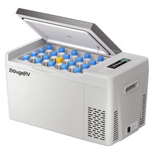 A BougeRV portable car refrigerator with an open lid, showing multiple bottles inside. The unit has a digital control panel, side handles, and air vents, powered by a 12V outlet.