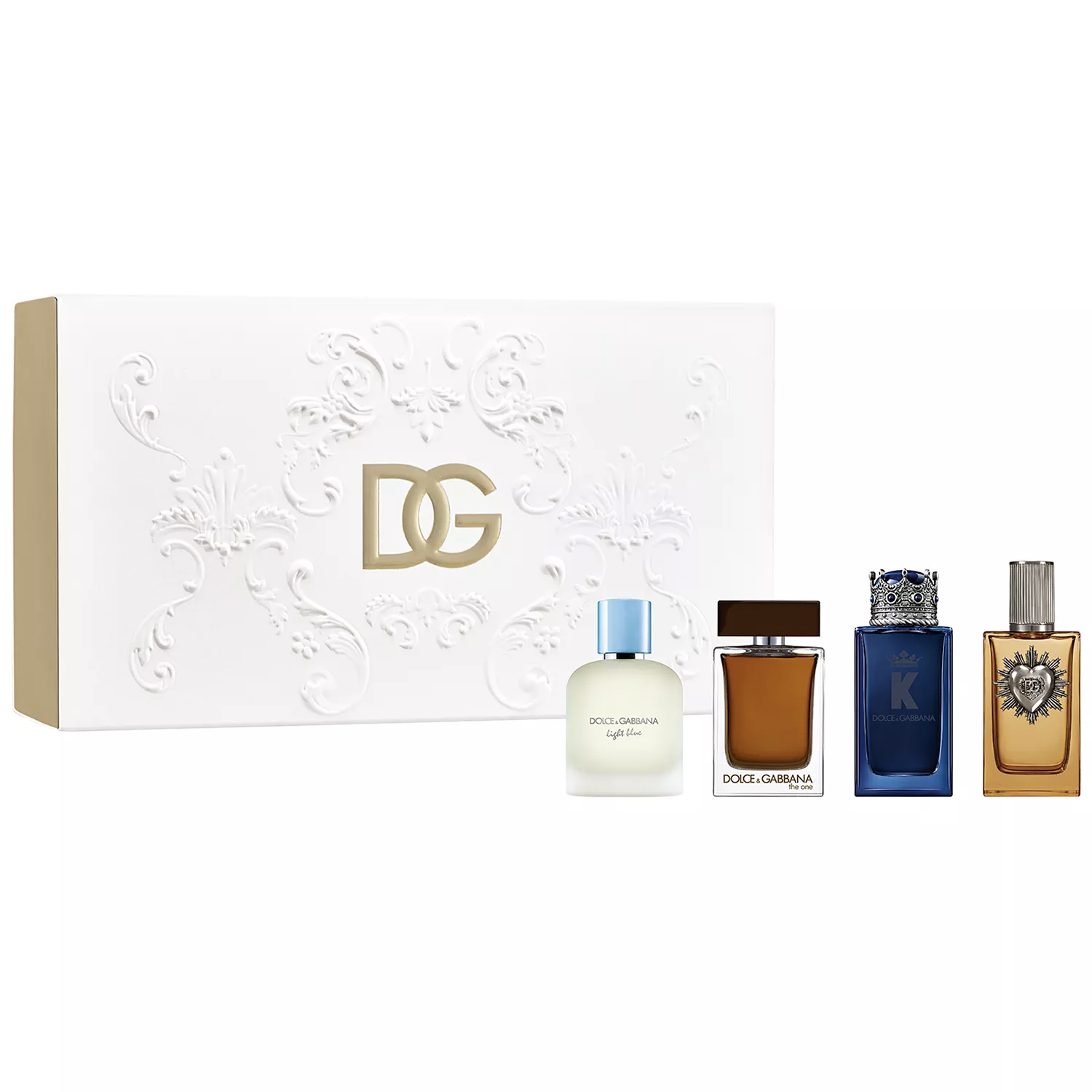 Dolce & Gabbana fragrance gift set featuring four scents: Light Blue, The One, K, and another distinctive perfume with a heart design on the bottle. The set includes a decorative box with the DG logo.