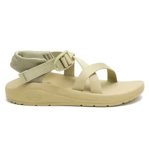 A tan sandal with adjustable straps and a buckle, featuring a sturdy sole and a cushioned footbed for comfort.