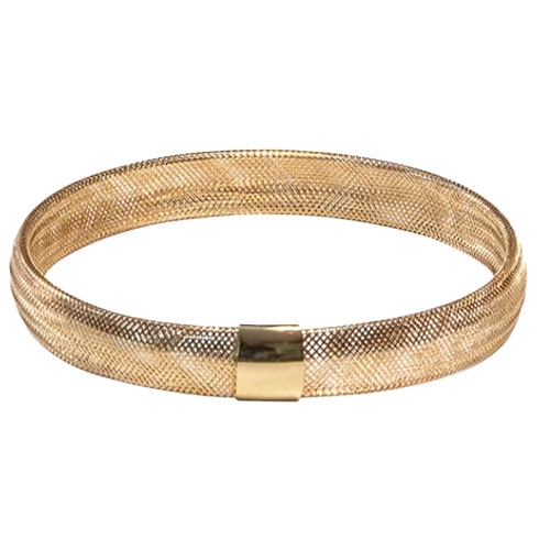 A polished gold mesh bangle with a sleek, flat, magnetic closure, designed and crafted in Italy for a sophisticated look.