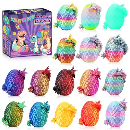 A set of colorful, dragon-themed, 3D-printed eggs with textured surfaces, accompanied by a themed box featuring cartoon dragons.