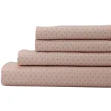 Pink patterned bed sheet set comprising a fitted sheet, flat sheet, and pillowcases, displayed in a stacked arrangement.