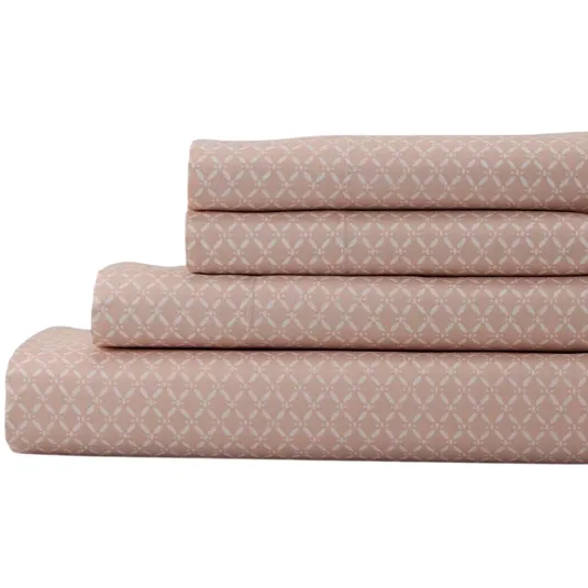Pink patterned bed sheet set comprising a fitted sheet, flat sheet, and pillowcases, displayed in a stacked arrangement.