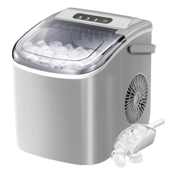 Portable countertop ice maker with a transparent lid, side fan for cooling, and a removable scoop with ice cubes.