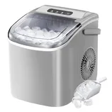 Portable countertop ice maker with a transparent lid, side fan for cooling, and a removable scoop with ice cubes.